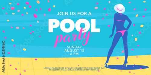 Pool party background with flat style girl next to the swimming pool vector illustration