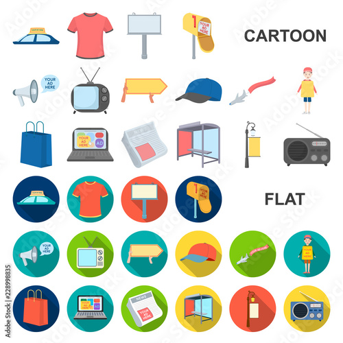 Production of advertising cartoon icons in set collection for design. Advertising equipment vector symbol stock web illustration.