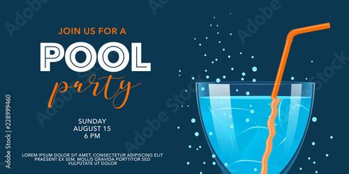 Pool party banner with cocktail vector illustration