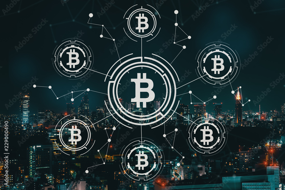 Bitcoin with aerial view of Tokyo, Japan at night Bitcoin with aerial view of Tokyo, Japan at night