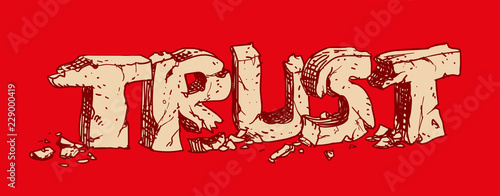 freestyle hand drawn 3D stone typography, writes on ground with stone block to "trust", vector illustration. letters are in seperate groups and background on different layer.