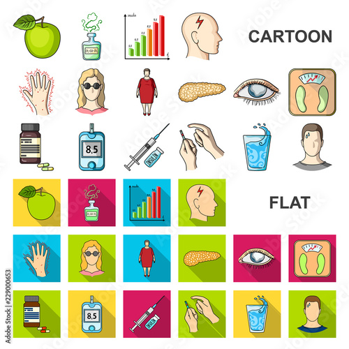 Diabetes cartoon icons in set collection for design. Treatment of diabetes vector symbol stock web illustration.