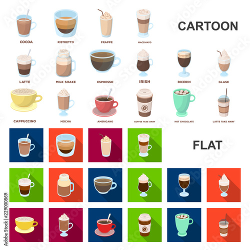 Different kinds of coffee cartoon icons in set collection for design. Coffee drink vector symbol stock web illustration.