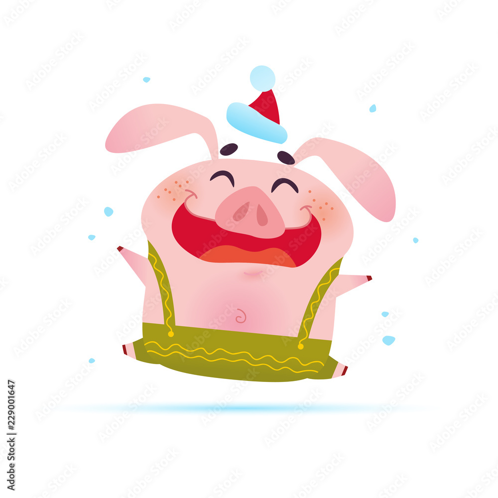Vector Merry Christmas illustration with cute smiling little pig character in Santa hat celebrating xmas isolated on white snowy background. Symbol of New year & Xmas holidays. Flat cartoon style. Vector Merry Christmas illustration with cute smiling little pig character in Santa hat celebrating xmas isolated on white snowy background. Symbol of New year & Xmas holidays. Flat cartoon style.