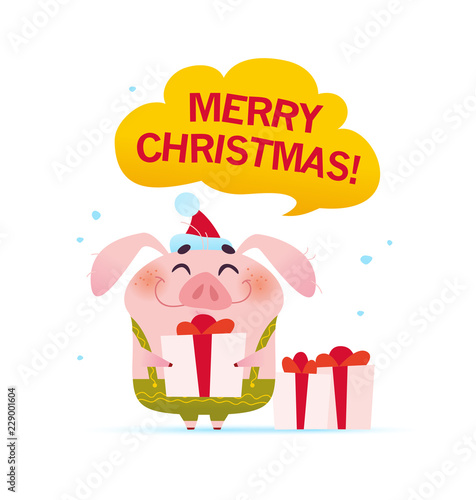 Vector Merry Christmas illustration with cute smiling little pig character in Santa hat holding gift box in flat cartoon style isolated on white background. Symbol of New year & Xmas holidays. © artflare