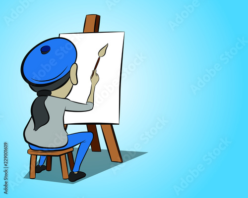 Painting artist at work, sitting on wooden stool - view from back