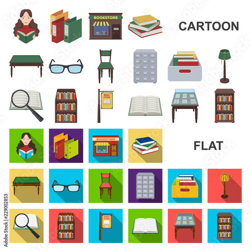 Library and bookstore cartoon icons in set collection for design. Books and furnishings vector symbol stock web illustration.