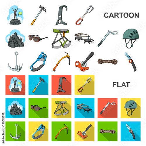 Mountaineering and climbing cartoon icons in set collection for design. Equipment and accessories vector symbol stock web illustration.