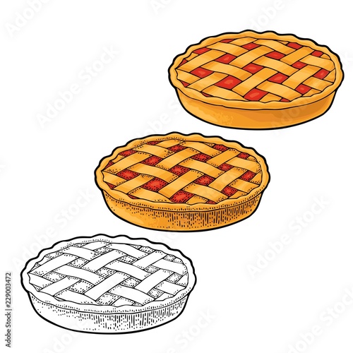 Whole homemade apple pie. Vector color vintage engraving