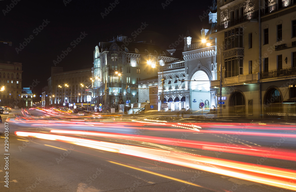 Traffic of cars in Moscow city center at night (Teatralny Proezd), Russia
