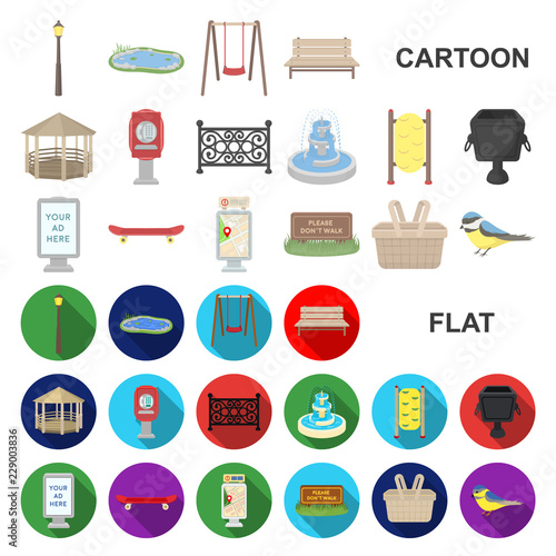 Park, equipment cartoon icons in set collection for design. Walking and rest vector symbol stock web illustration.