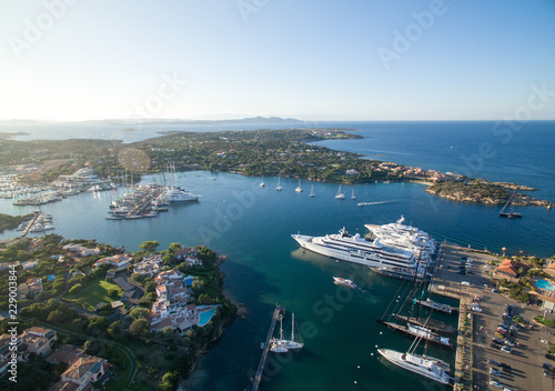 Panorama of the coastal part of Porto Cervo. Aerial view of the yacht parking, Italy