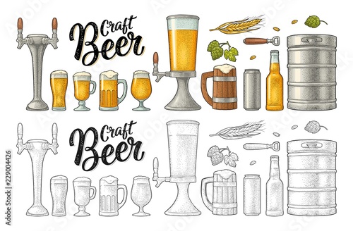 Beer set with wood mug, tap, glass, hop, bottle. Engraving