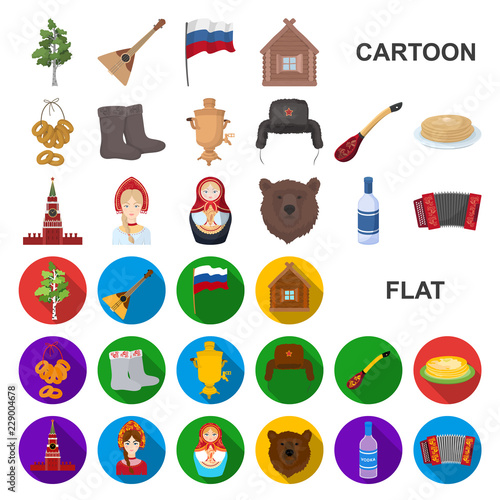 Country Russia, travel cartoon icons in set collection for design. Attractions and features vector symbol stock web illustration.