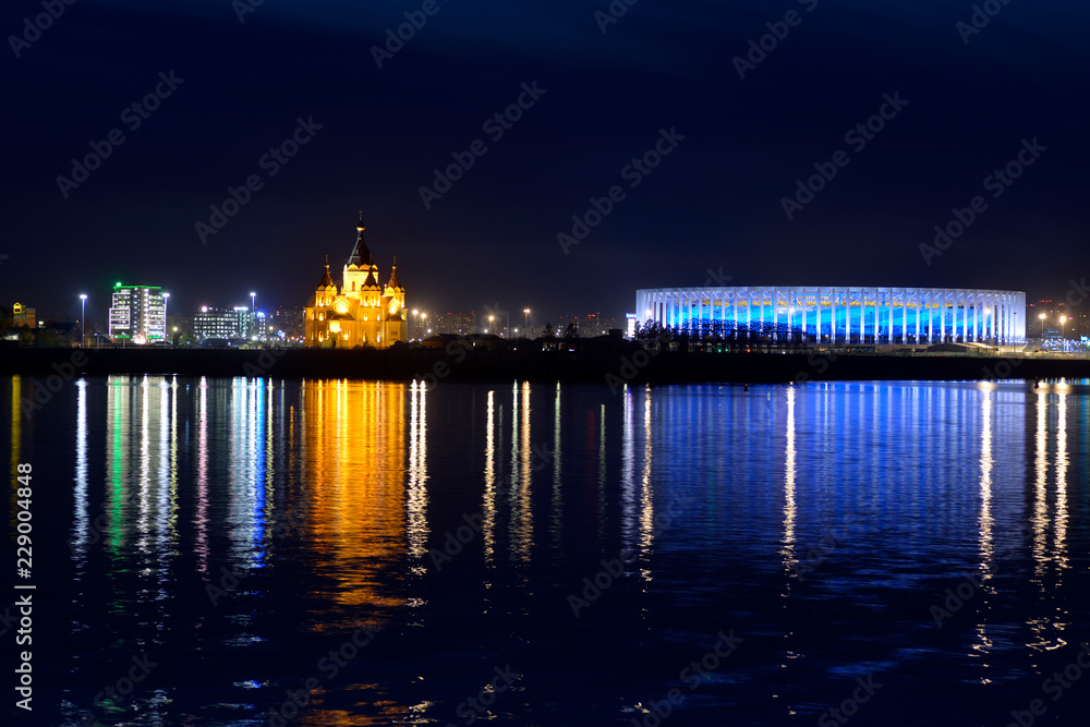 Нижний Новгород. Ночной вид на собор Александра Невского и стадион 