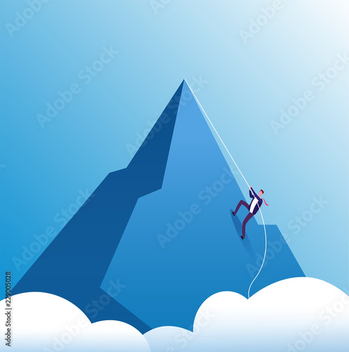 Businessman climbing mountain. Challenge, perseverance and personal growth, effort in career. Business motivation vector concept. Leadership business climb to mountain top illustration