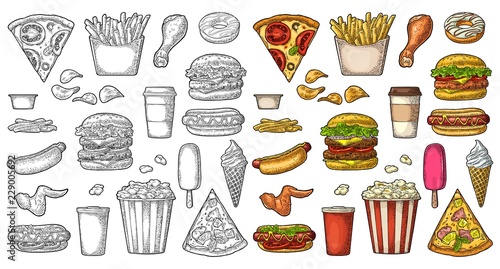 Set fast food. Coffee, hamburger, pizza, hotdog, fry potato, popcorn