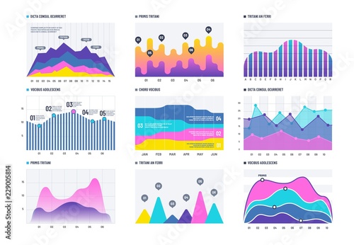 Financial infographic. Business bar graph and line histogram, economic diagram and stock chart. Marketing infographics vector elements. Graph and diagram, chart for business data illustration