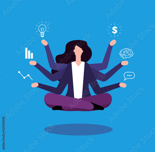 Multitasking businesswoman. Office manager administrator doind professional tasking. Effective management vector concept. Lady multitasking business busy, businesswoman manager illustration