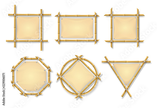 Bamboo frames. Chinese wooden stick signs with blank papyrus banners. Old billboard isolated vector set. Illustration of bamboo frame banner, tropical natural stick with empty panel