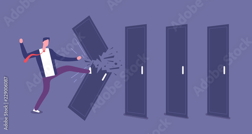 Breaking door. Powerful businessman overcomes barriers, roadblock. Brute force and challenge vector concept. Illustration of businessman break door, ability and triumph
