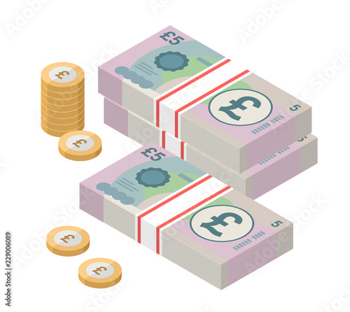 Isometric stacks of 5 pound sterling banknotes and coins. British money. Currency. Vector illustration.