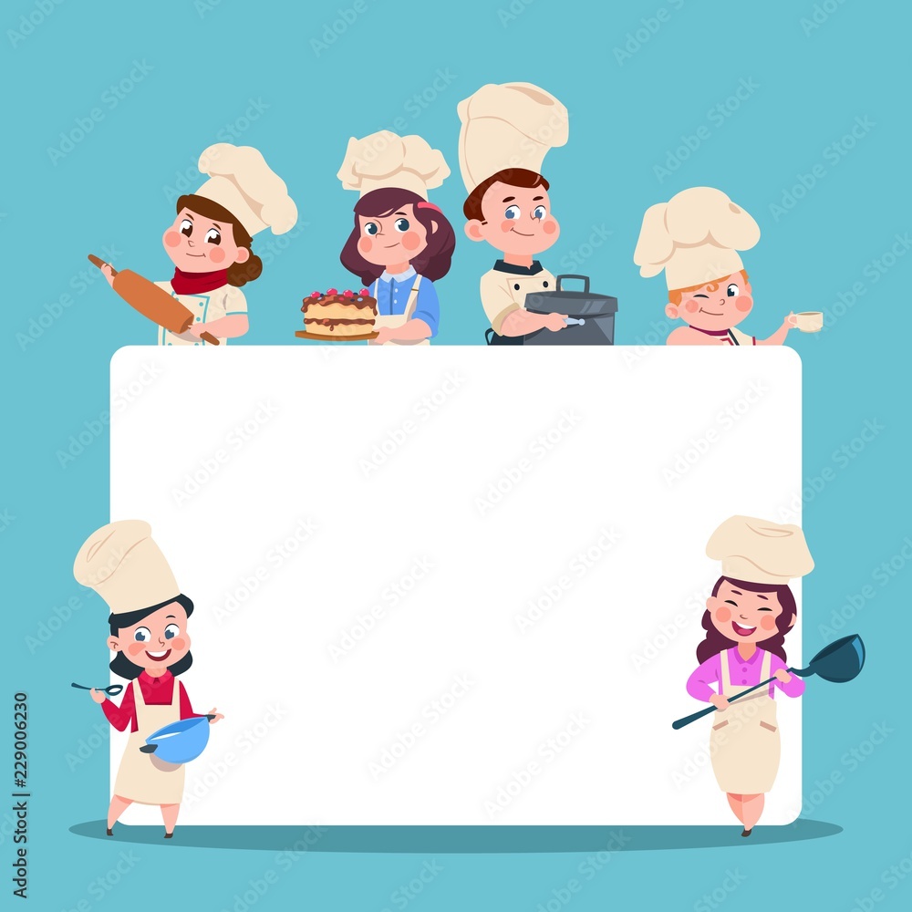 Little cooks. Cartoon children chef with big blank white banner