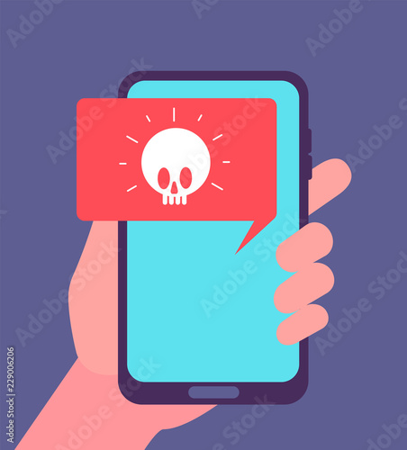 Virus alert. Malware notification on smartphone screen. Hacker attack and spam message vector concept. Illustration of alert screen virus, hacking spam attack