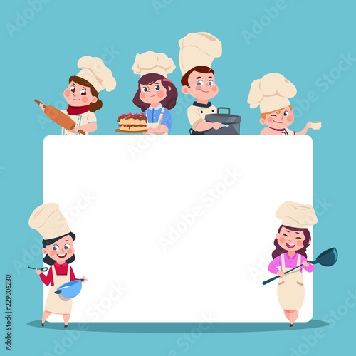 Little cooks. Cartoon children chef with big blank white banner. Cooking class students vector characters set. Chef and cook, cooking food illustration