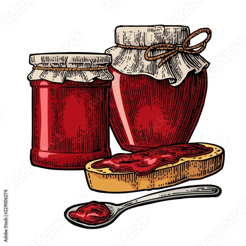 Jar with packaging paper, spoon and slice of bread with jam.