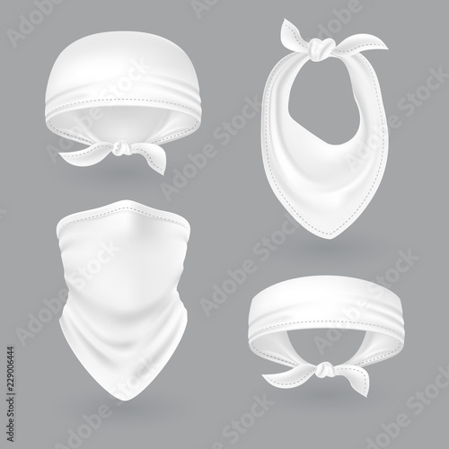 White bandana. Cowboy or biker face scarf, bandanna. Blank handkerchief unisex uniform. Western style clothes isolated vector set. Illustration of bandanna scarf mockup collection isolated