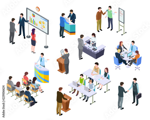 Isometric meeting. Business people on presentation conference. Team work process at table. 3d businessmen training vector set. Isometric meeting and conference people illustration