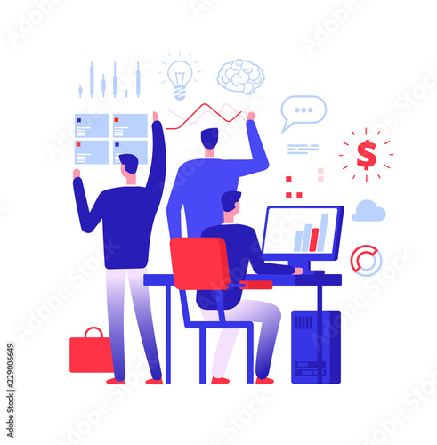 Multitasking manager. Businessman in different business action solving urgent tasks. Project management vector concept. Illustration of businessman manager success, leadership multi-tasking