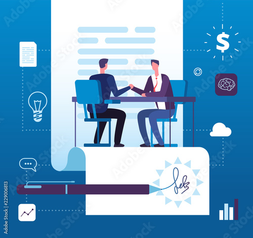 Business partnership. Businessmen investors handshaking with agreement. Finance relationship, investment cooperation vector concept. Illustration of businessman agreement, partnership deal contract