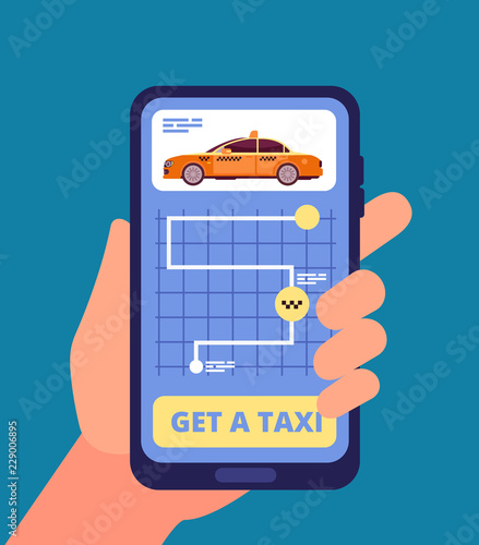 Taxi app concept. Hand holding smartphone with taxi application vector illustration. App mobile taxi service, online travel cab