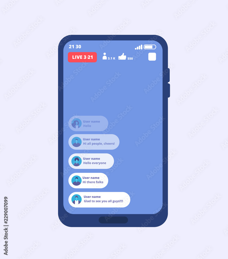 Smartphone live video stream. Streaming videos on cellphone with ui inspired by facebook. Vector template video broadcast, play multimedia stream, online smartphone stream illustration Smartphone live video stream. Streaming videos on cellphone with ui inspired by facebook. Vector template video broadcast, play multimedia stream, online smartphone stream illustration