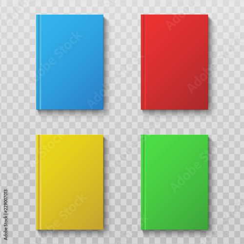 Book covers mockup. Top view colorful books, textbooks or notebooks. Booklet isolated vector template. Illustration of cover textbook literature, book or notebook closed