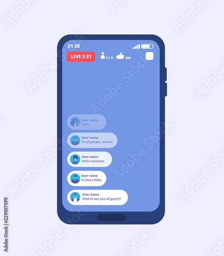 Smartphone live video stream. Streaming videos on cellphone with ui inspired by facebook. Vector template video broadcast, play multimedia stream, online smartphone stream illustration
