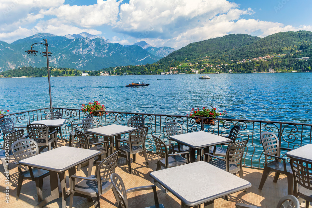 Italian Outdoor Restaurant on the Shore of Como Lake ,North of Italy