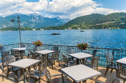 Italian Outdoor Restaurant on the Shore of Como Lake ,North of Italy