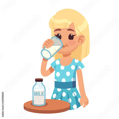 Girl drinks milk. Cartoon happy kid drinking cow milk in glass. Healthy childhood and dairy products vector concept. Milk in glass breakfast, tasty delicious natural organic illustration