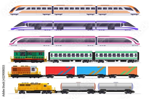 Trains set. Passenger and freight train with wagons. Vector railway transportation isolated on white background. Railway transport passenge and cargo freight, electricity type illustration