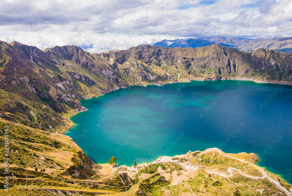 Amazing view of Quilotoa lagoon, volcanic crater lake in Ecuador
