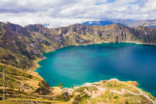 Amazing view of Quilotoa lagoon, volcanic crater lake in Ecuador 