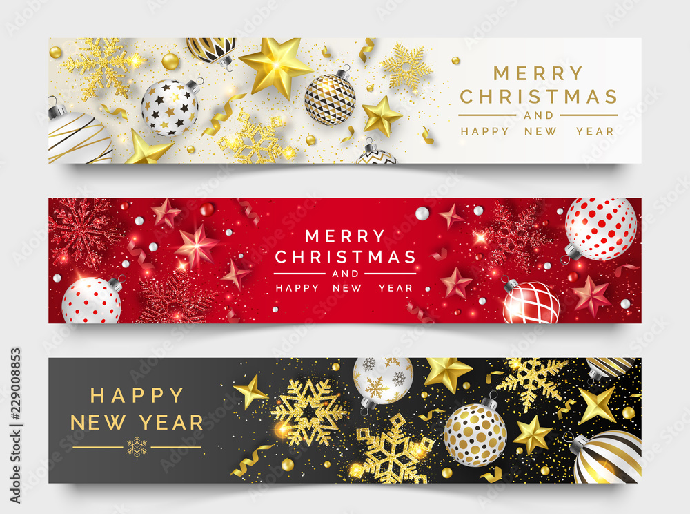 Three Christmas horizontal banners with shining snowflakes, ribbons, stars and colorful balls. New year and Christmas card illustration on light and dark background