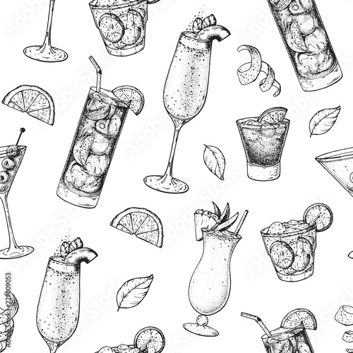 Cocktails hand drawn seamless pattern. Vector illustration. Alcoholic cocktails sketch set. Engraved style. Design template for bar.