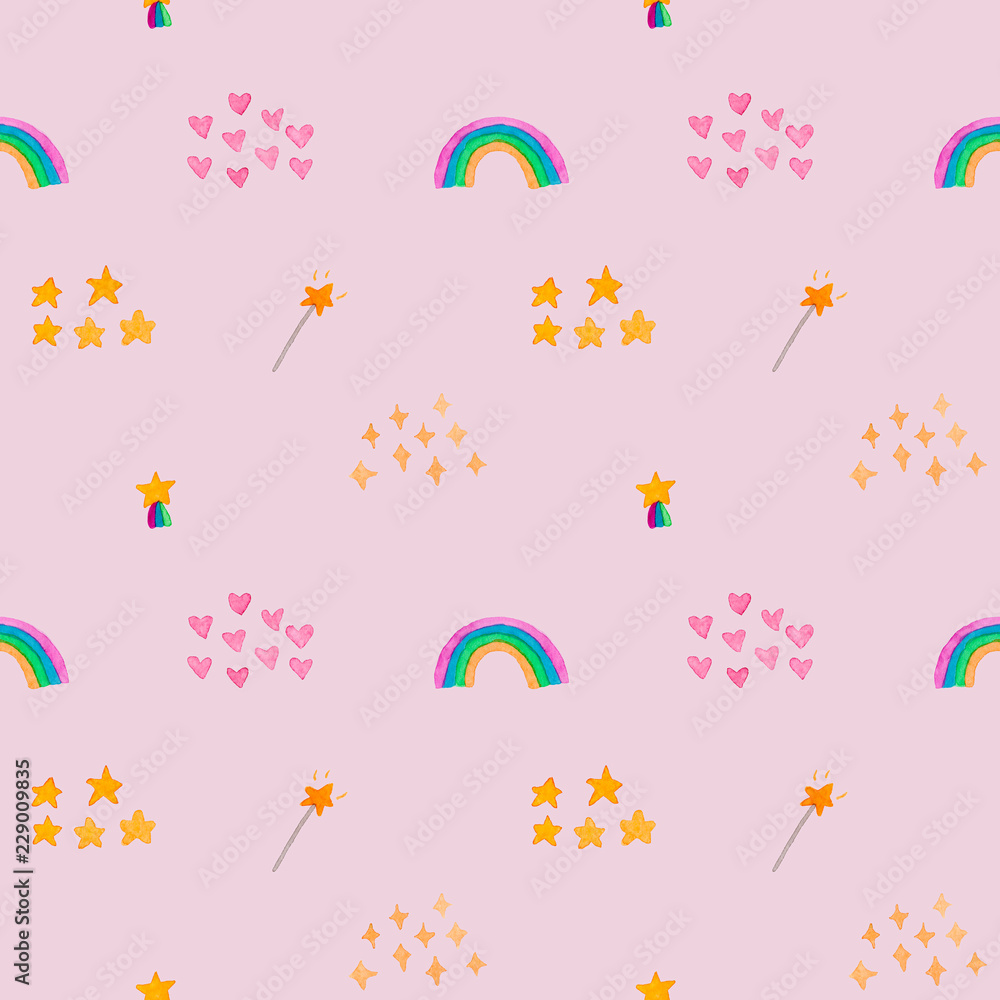 Watercolor hand painted decorative textured spots, hearts, stars,rainbow. Bright modern style abstract collection. Seamless pattern isolated on pink background for children's,