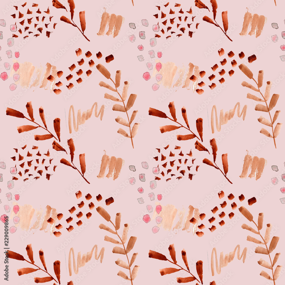 Light pink watercolor paint abstract flowers, stains backgrounds. Watercolor splashes on pink background. Hand drawn texture, paint smears. Seamless pattern for design, textile, print, wrapping.