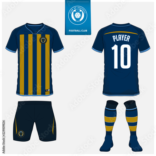 Soccer jersey or football kit, shorts, sock, pants template design for sport club. Football t-shirt mock up. Front and back view soccer uniform. Flat football logo design on blue label. Vector 