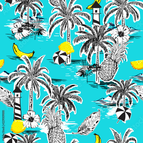 Bright summer seamless island pattern. Landscape with palm trees,fruit,hibiscus flower,banana,orange,beach and ocean vector hand drawn style